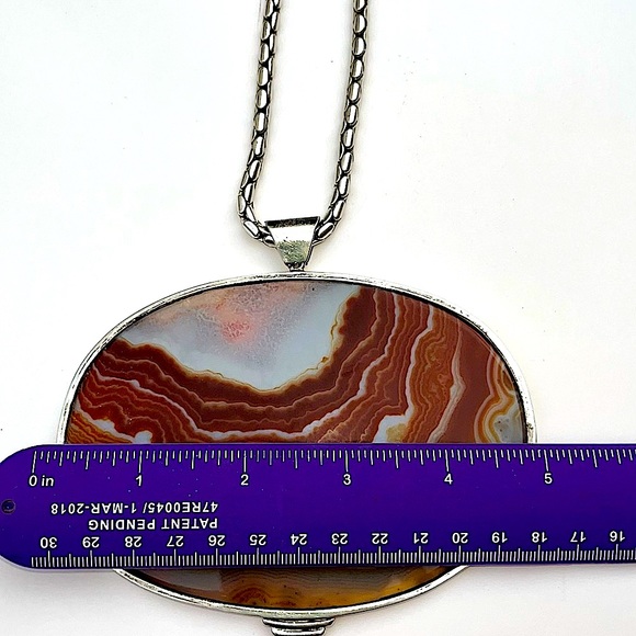 AGATE GEODE SLICE NECKLACE or SUN CATCHER STERLING SILVER CHAIN 4 3/4” x 4 1/2” - Picture 7 of 11